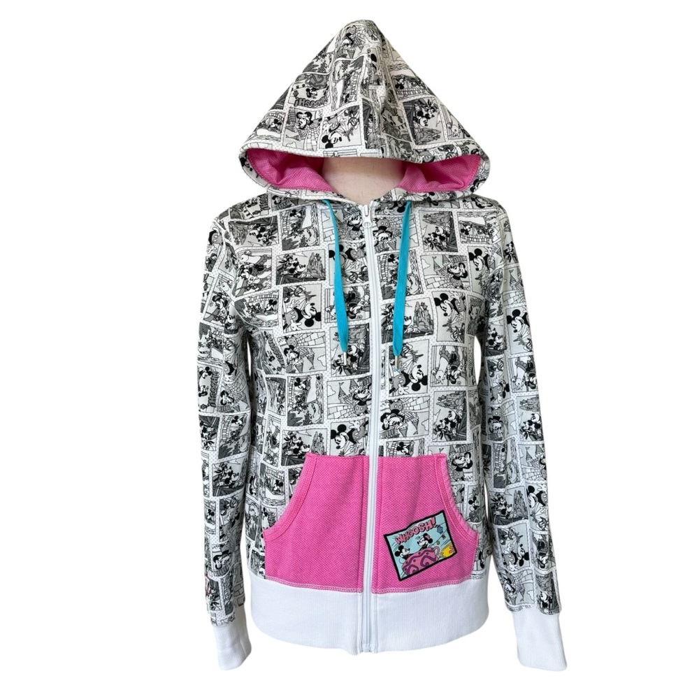 Disney Parks Mickey Mouse and Friends Allover Comic Strip Zip Up Hoodie Sz Small